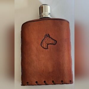 Vintage 12oz Glass Flask In Leather Case Horse Head